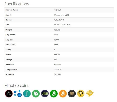 Sha-256 68t Asic Miner Machine M20s 68th/S 3360 वाट Whatsminer